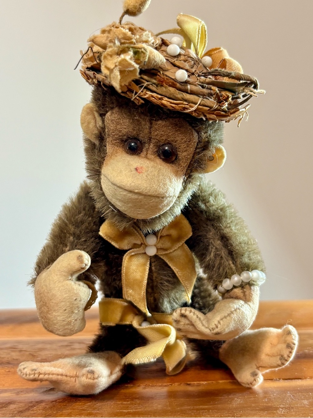 Mohair monkey Steiff? Metal button left ear straw hat pearls vintage chimpanzee